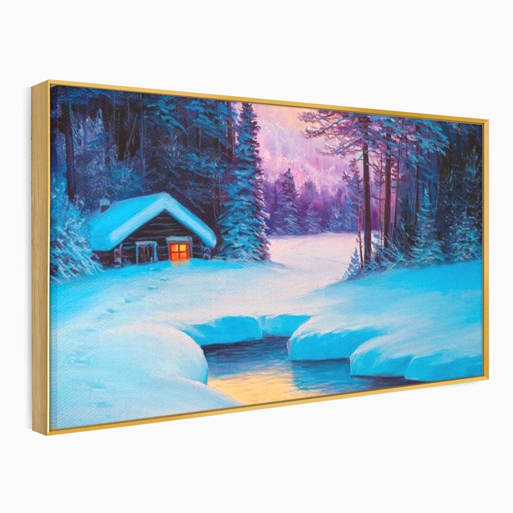 Tablou canvas cu pictura cu cabana inzapezita si parau, in rama de aluminiu auriu